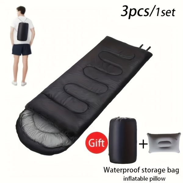 1set Lightweight Outdoor Sleeping Bag with Inflatable Pillow, Waterproof Polyester Fiber, Zipper, Portable for Backpacking & Hiking, All-Weather Comfort, Includes Free Storage Bag, Black - 图片 6