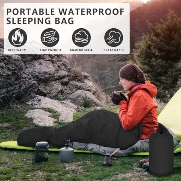 1set Lightweight Outdoor Sleeping Bag with Inflatable Pillow, Waterproof Polyester Fiber, Zipper, Portable for Backpacking & Hiking, All-Weather Comfort, Includes Free Storage Bag, Black - 图片 3