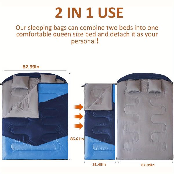 Double Sleeping Bag, Camping Sleeping Bags for Adults with 2 Pillows Soft Warm Flannel 2 Person Sleeping Bags XL Queen Size Sleeping Bag for Cold Weather Hiking Backpacking - 图片 2