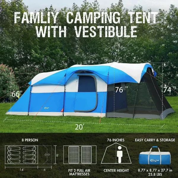 8 Person Family Camping Tent with Screen Room Water Resistant Big Tunnel Tent with Rainfly Large Family Tent for Outdoor Camping - 图片 2