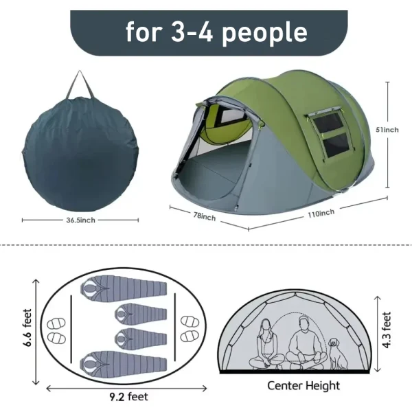 3-4 People Outdoor Throw Open Tent Automatic Pop Up Tents Waterproof Large Space Family Tent for Camping Hiking Tourist - 图片 3