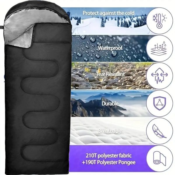 1set Lightweight Outdoor Sleeping Bag with Inflatable Pillow, Waterproof Polyester Fiber, Zipper, Portable for Backpacking & Hiking, All-Weather Comfort, Includes Free Storage Bag, Black - 图片 7