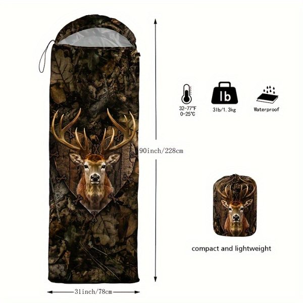 1PC Deer Camouflage Camping Sleeping Bag, 4-Season Portable Lightweight Waterproof Sleeping Bag for Outdoor Hiking, Camping and Mountaineering, Polyester Fabric Material, No Insulation Type - 图片 5