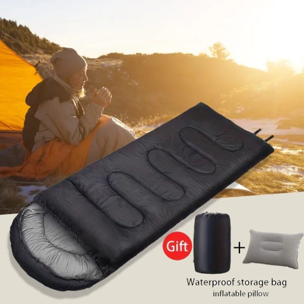 1set Lightweight Outdoor Sleeping Bag with Inflatable Pillow, Waterproof Polyester Fiber, Zipper, Portable for Backpacking & Hiking, All-Weather Comfort, Includes Free Storage Bag, Black